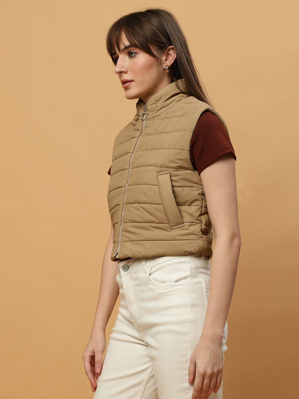 Beatnik Casual Wear Stand Collar Sleeveless Quilting Hip Length Beige Jacket Beatnik India