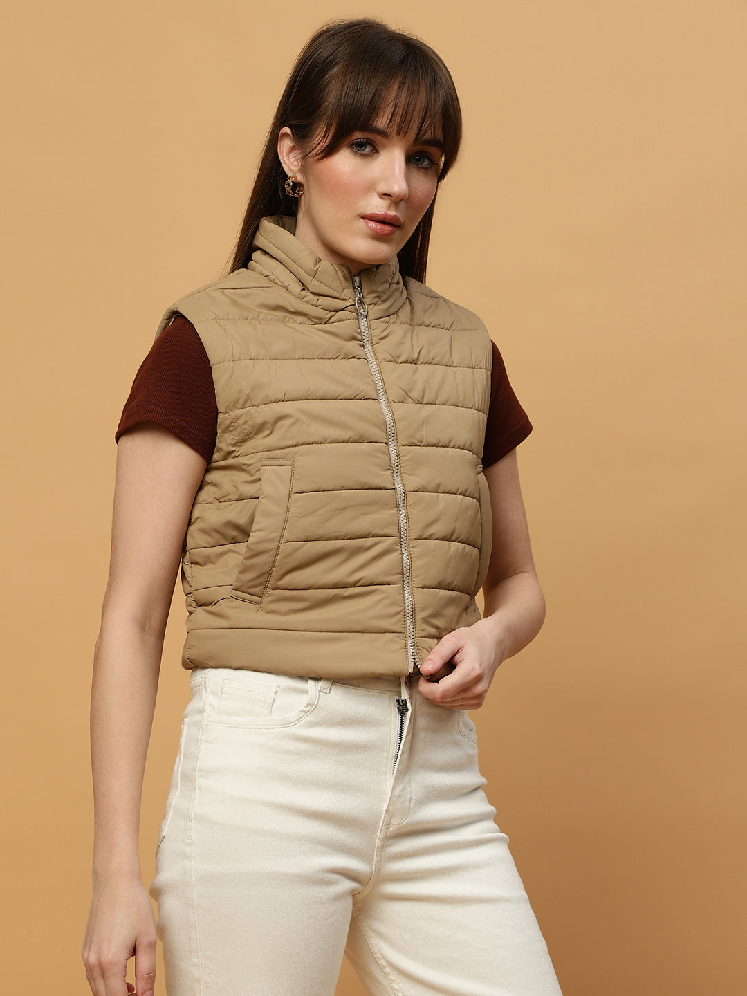 Beatnik Casual Wear Stand Collar Sleeveless Quilting Hip Length Beige Jacket Beatnik India