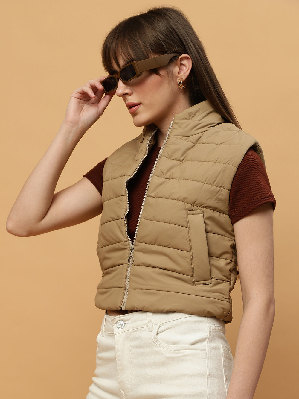 Beatnik Casual Wear Stand Collar Sleeveless Quilting Hip Length Beige Jacket Beatnik India
