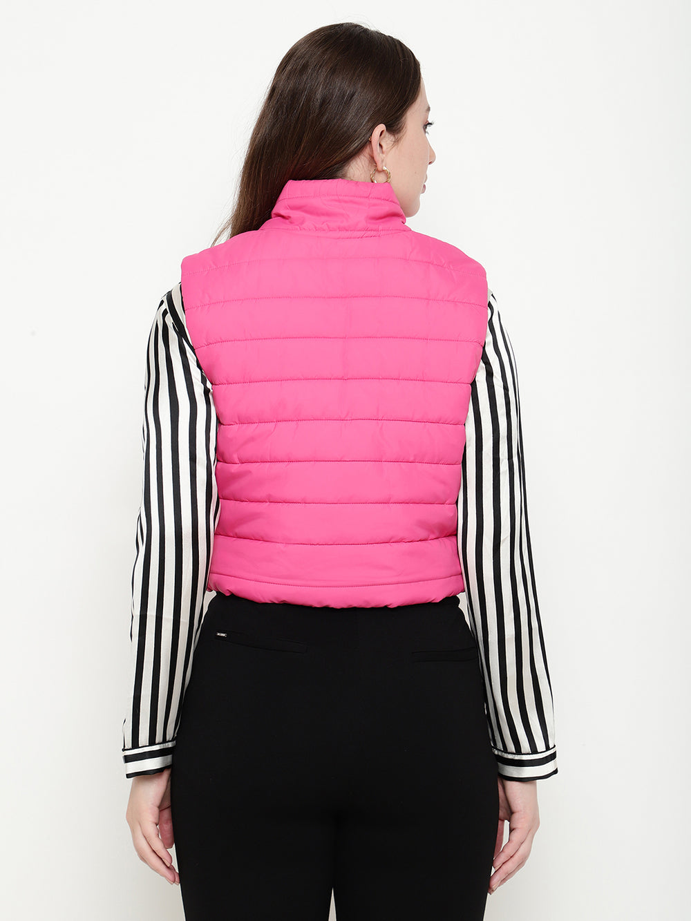 Beatnik Casual Wear Stand Collar Sleeveless Quilting Hip Length Fuchsia Jacket Beatnik India