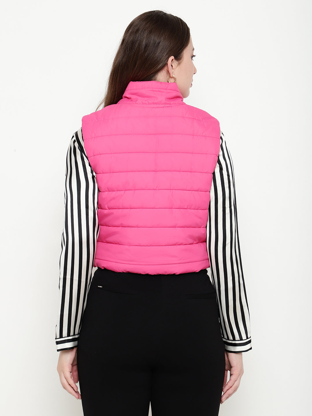 Beatnik Casual Wear Stand Collar Sleeveless Quilting Hip Length Fuchsia Jacket Beatnik India