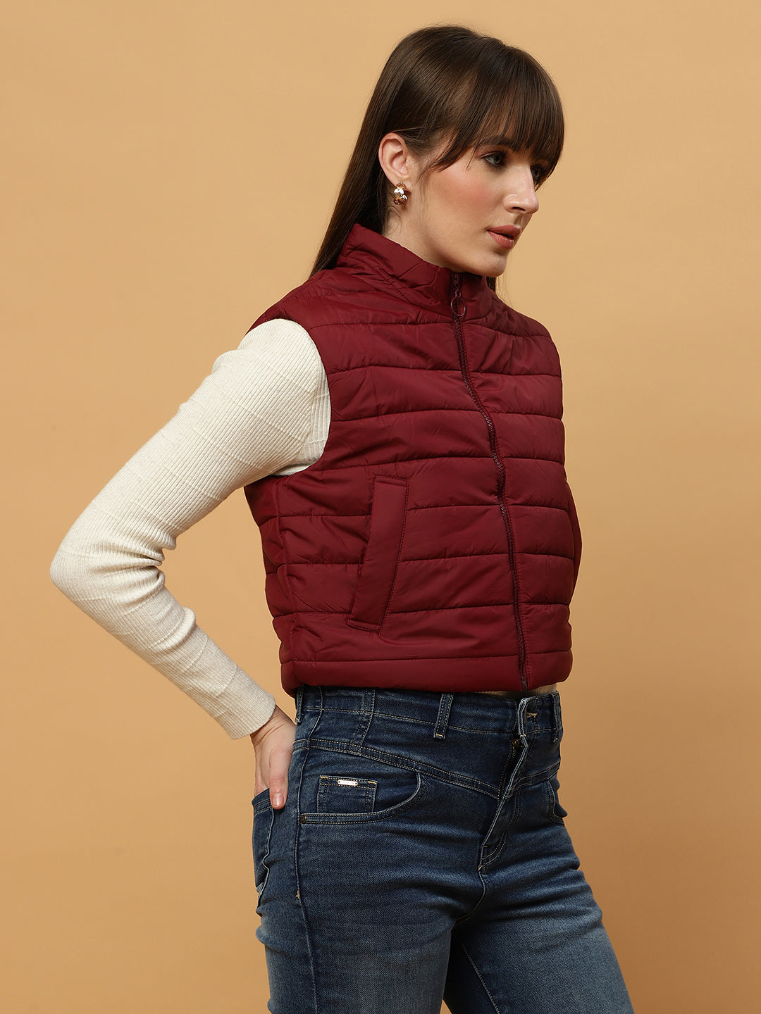 Beatnik Casual Wear Stand Collar Sleeveless Quilting Hip Length Maroon Jacket Beatnik India