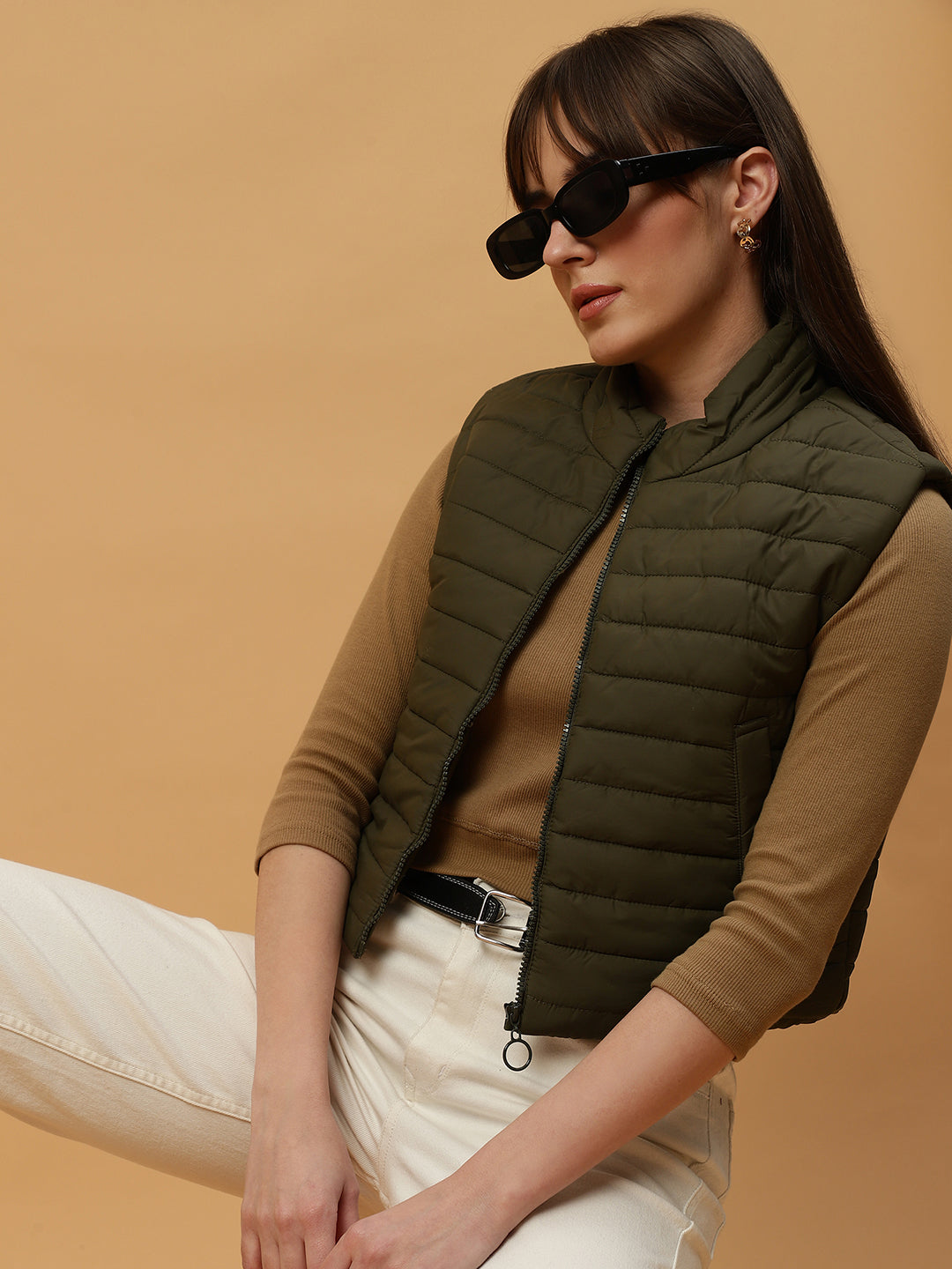 Beatnik Casual Wear Stand Collar Sleeveless Quilting Hip Length Olive Green Jacket Beatnik India