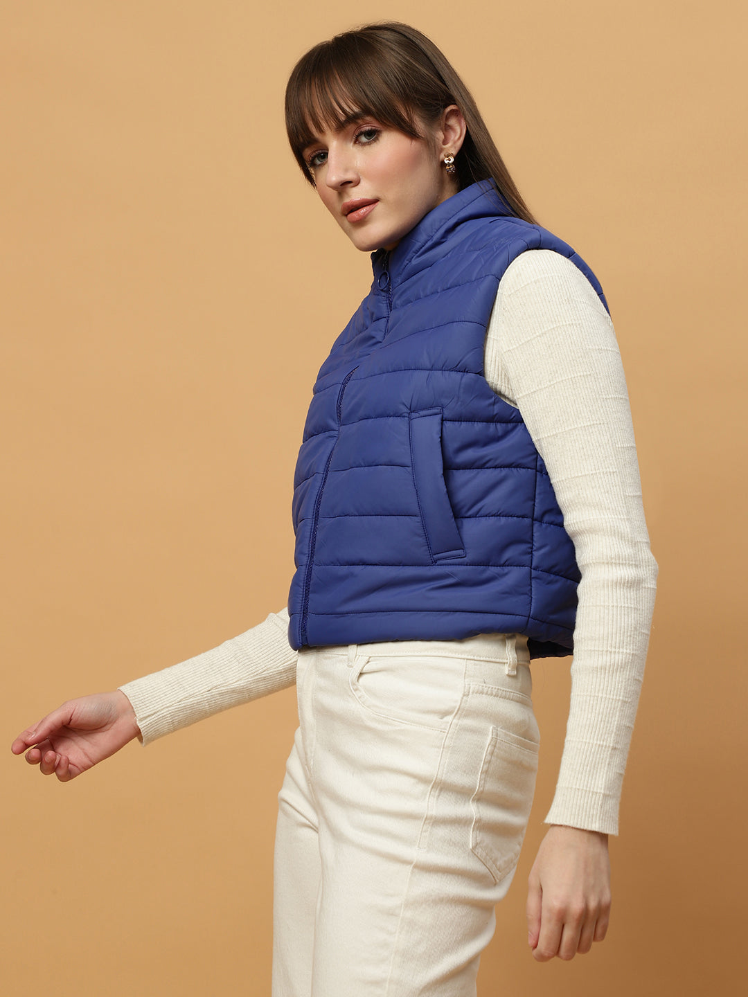 Beatnik Casual Wear Stand Collar Sleeveless Quilting Hip Length Royal Blue Jacket Beatnik India