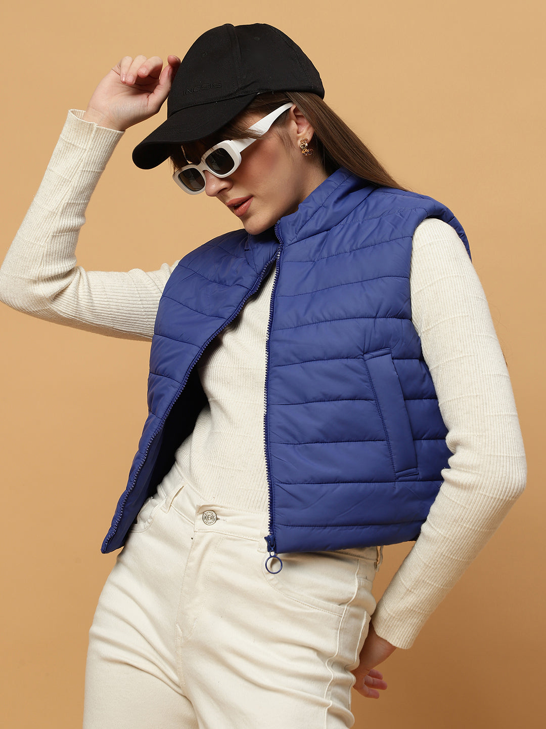 Beatnik Casual Wear Stand Collar Sleeveless Quilting Hip Length Royal Blue Jacket Beatnik India