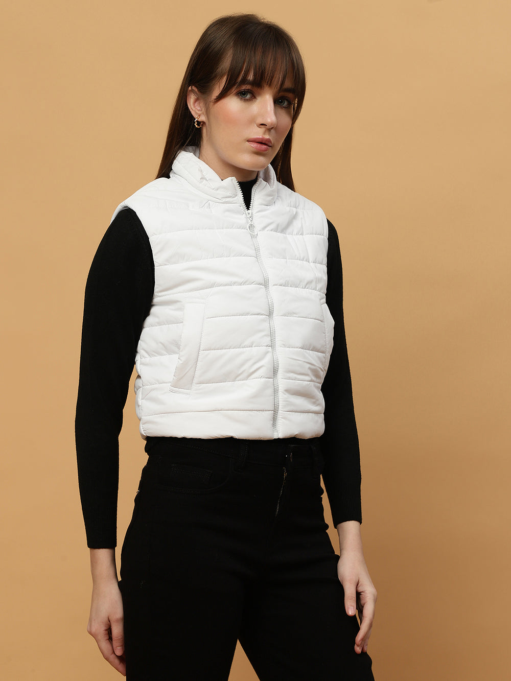 Beatnik Casual Wear Stand Collar Sleeveless Quilting Hip Length White Jacket Beatnik India