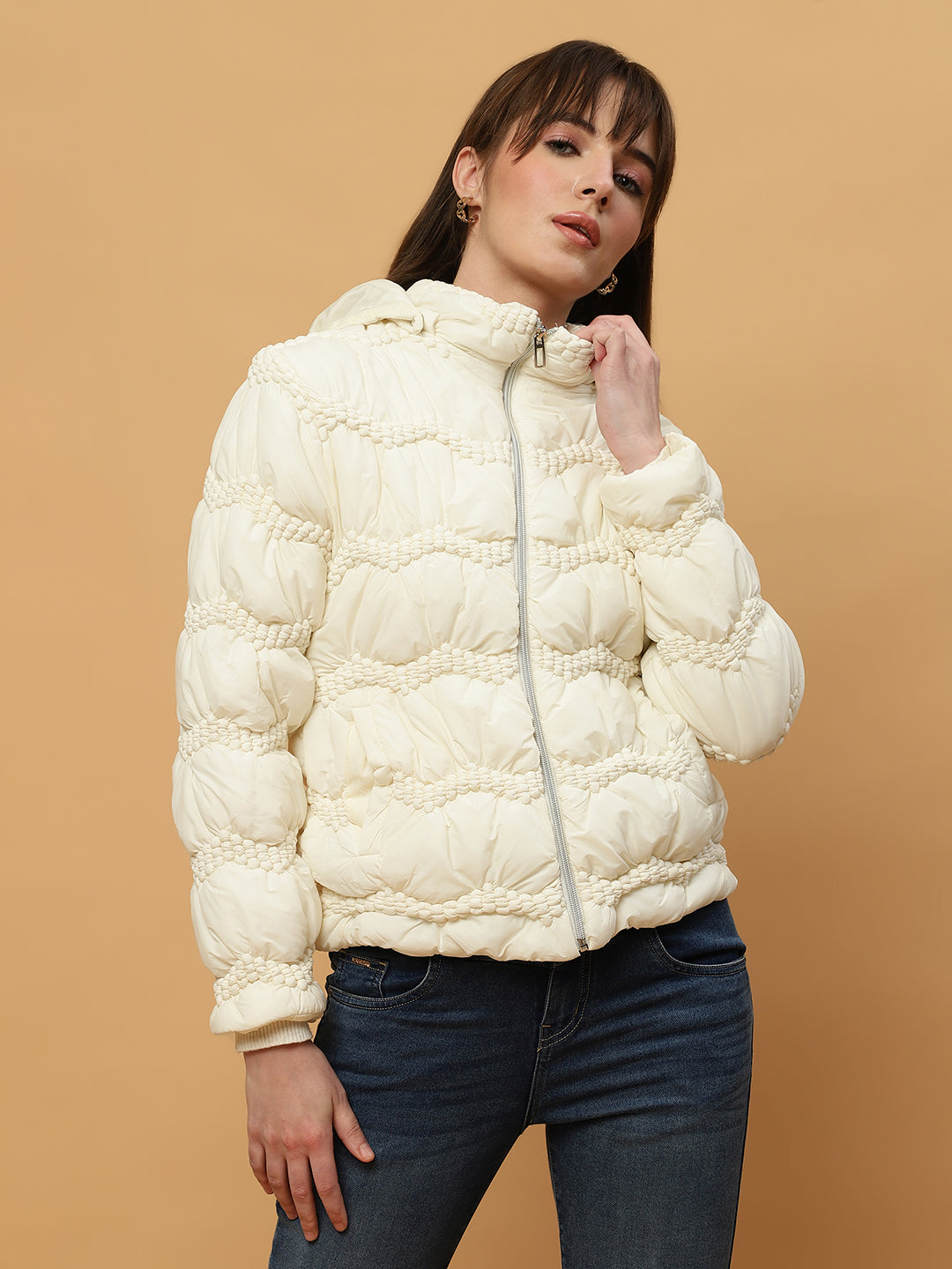 Beatnik Casual Wear Hooded Sleeve Puffer Hip Length Off White Jacket Beatnik India