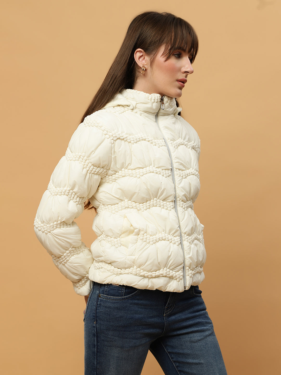 Beatnik Casual Wear Hooded Sleeve Puffer Hip Length Off White Jacket Beatnik India