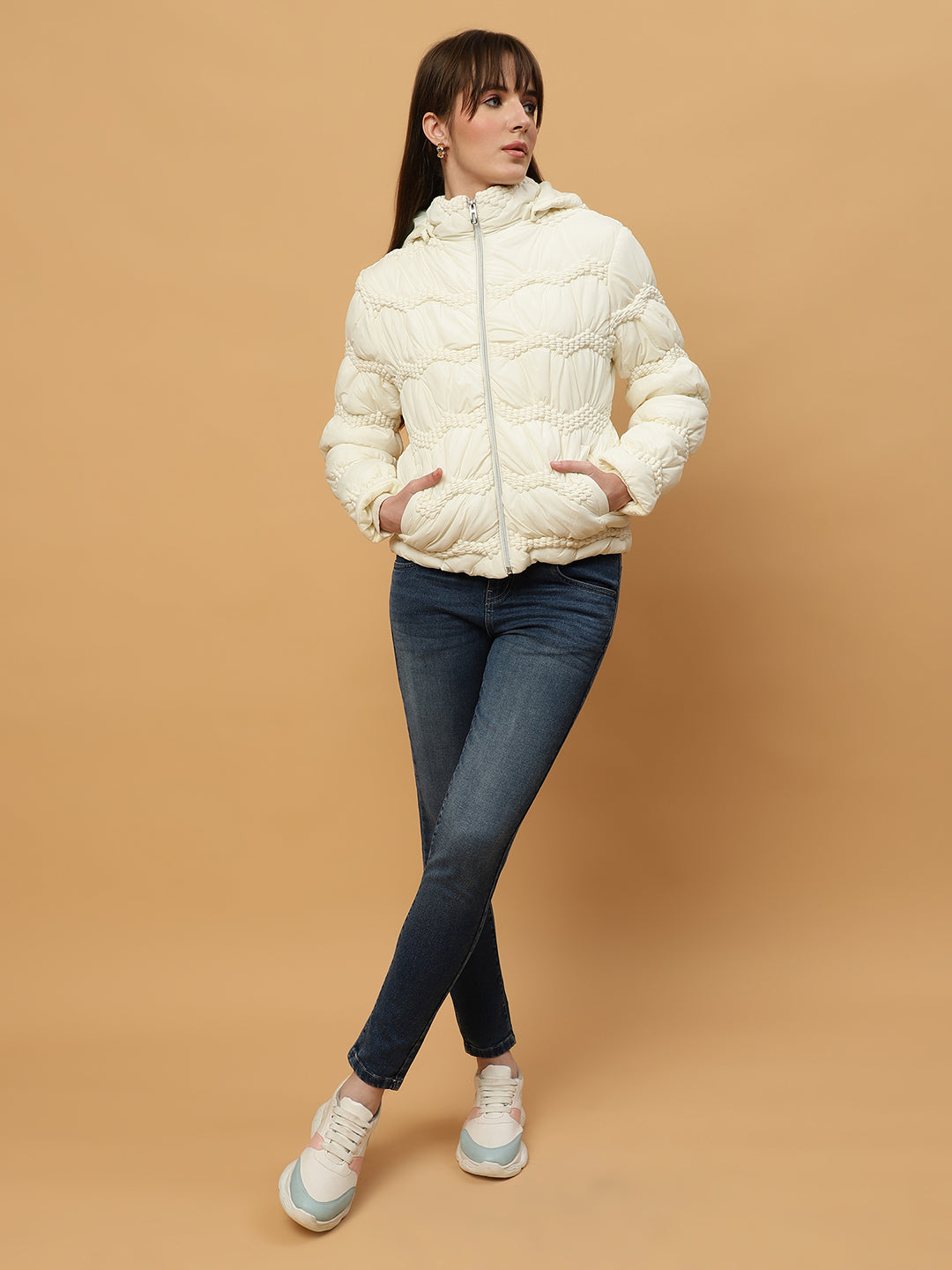 Beatnik Casual Wear Hooded Sleeve Puffer Hip Length Off White Jacket Beatnik India