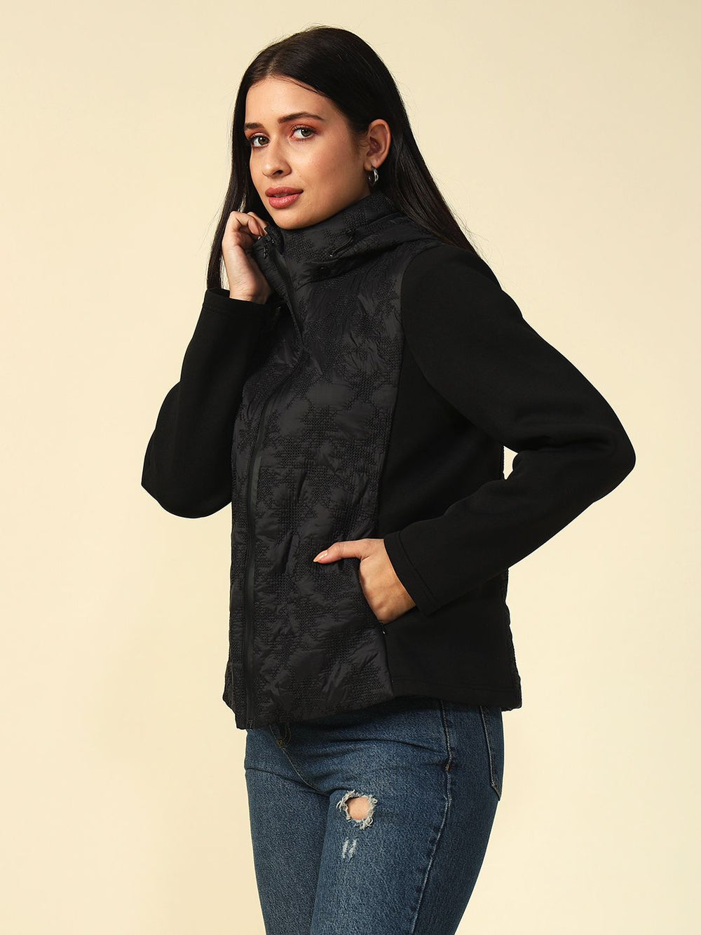 Black Puffer Detachable Hood Full Sleeve Jacket Beatnik