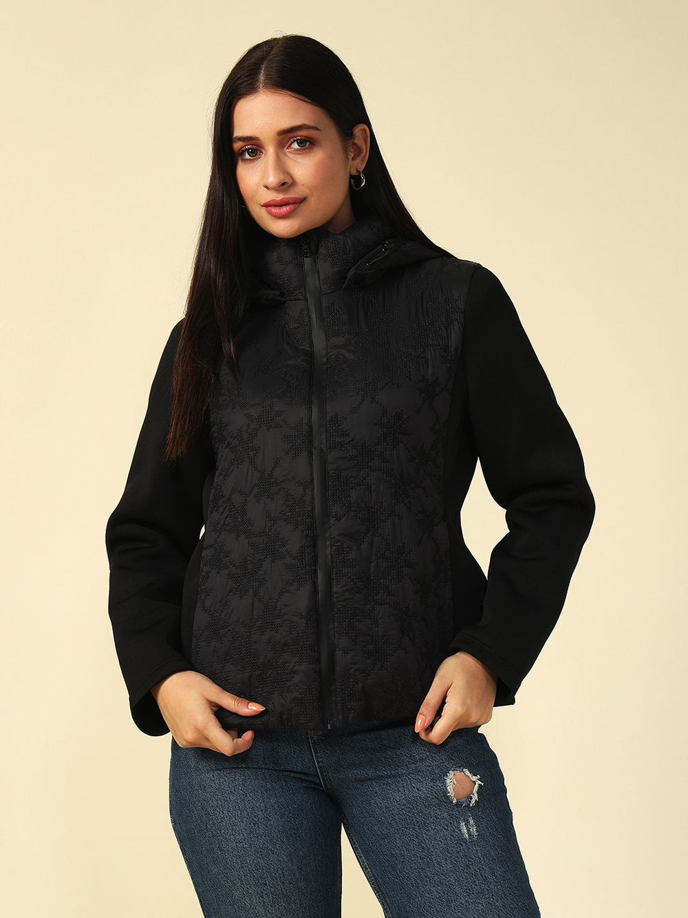 Black Puffer Detachable Hood Full Sleeve Jacket Beatnik