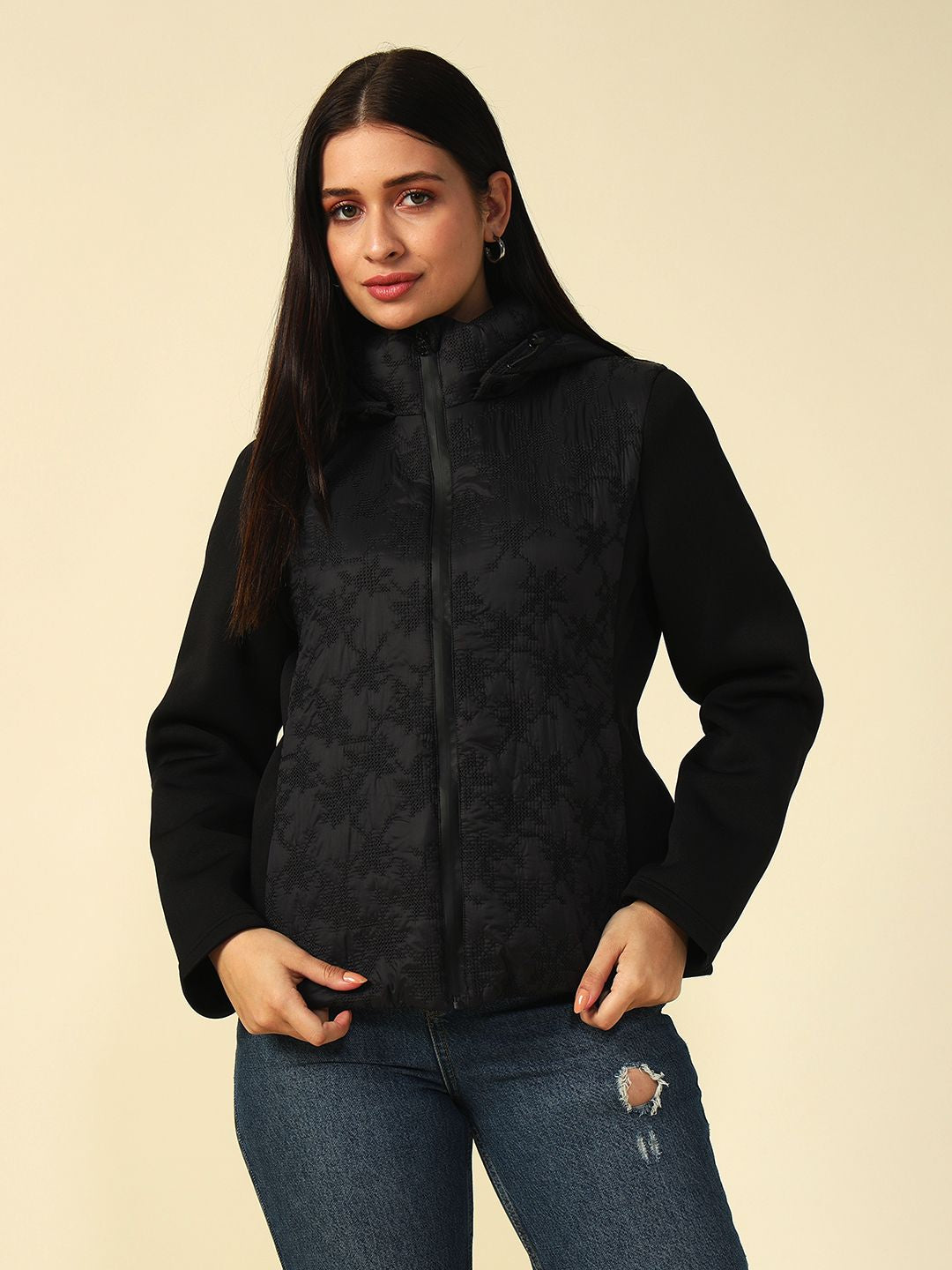 Black Puffer Detachable Hood Full Sleeve Jacket Beatnik