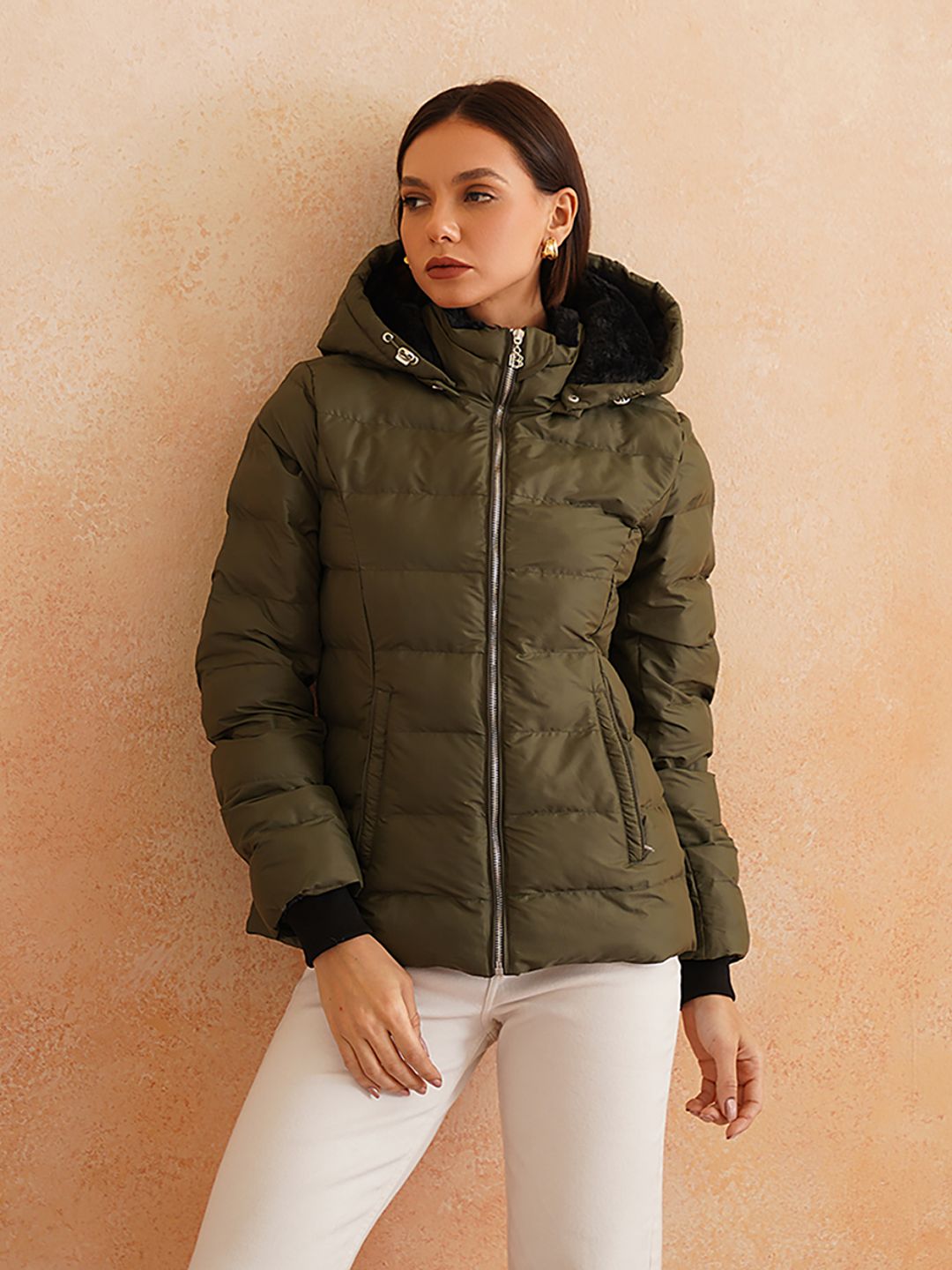 Olive Green Puffer Hooded Jacket Beatnik India