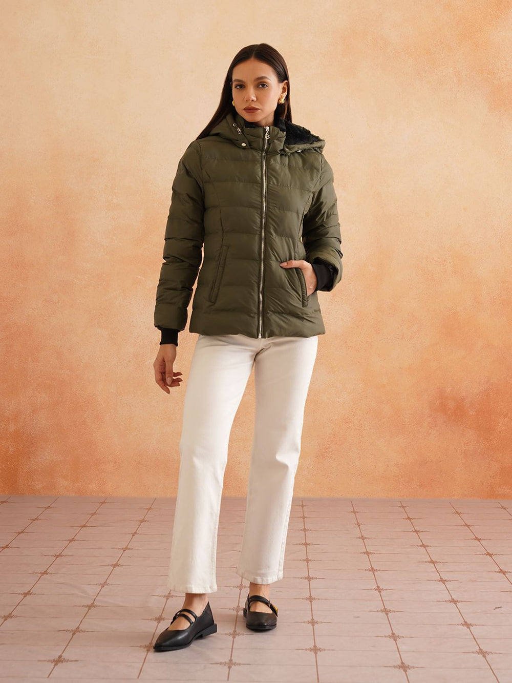 Olive Green Puffer Hooded Jacket Beatnik