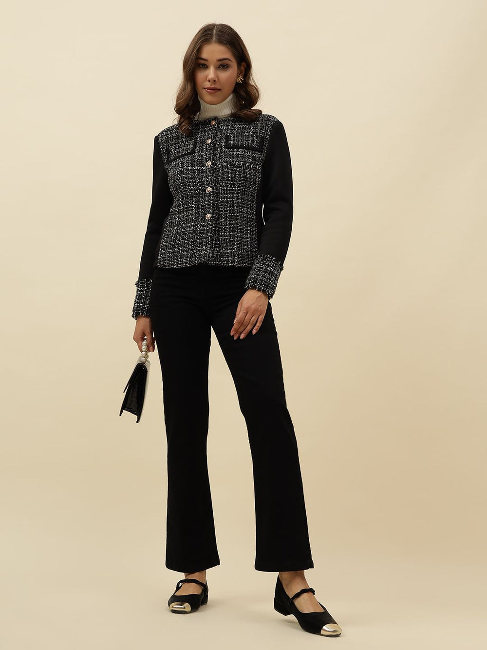 Front Open Collar Less Black Jacket Beatnik