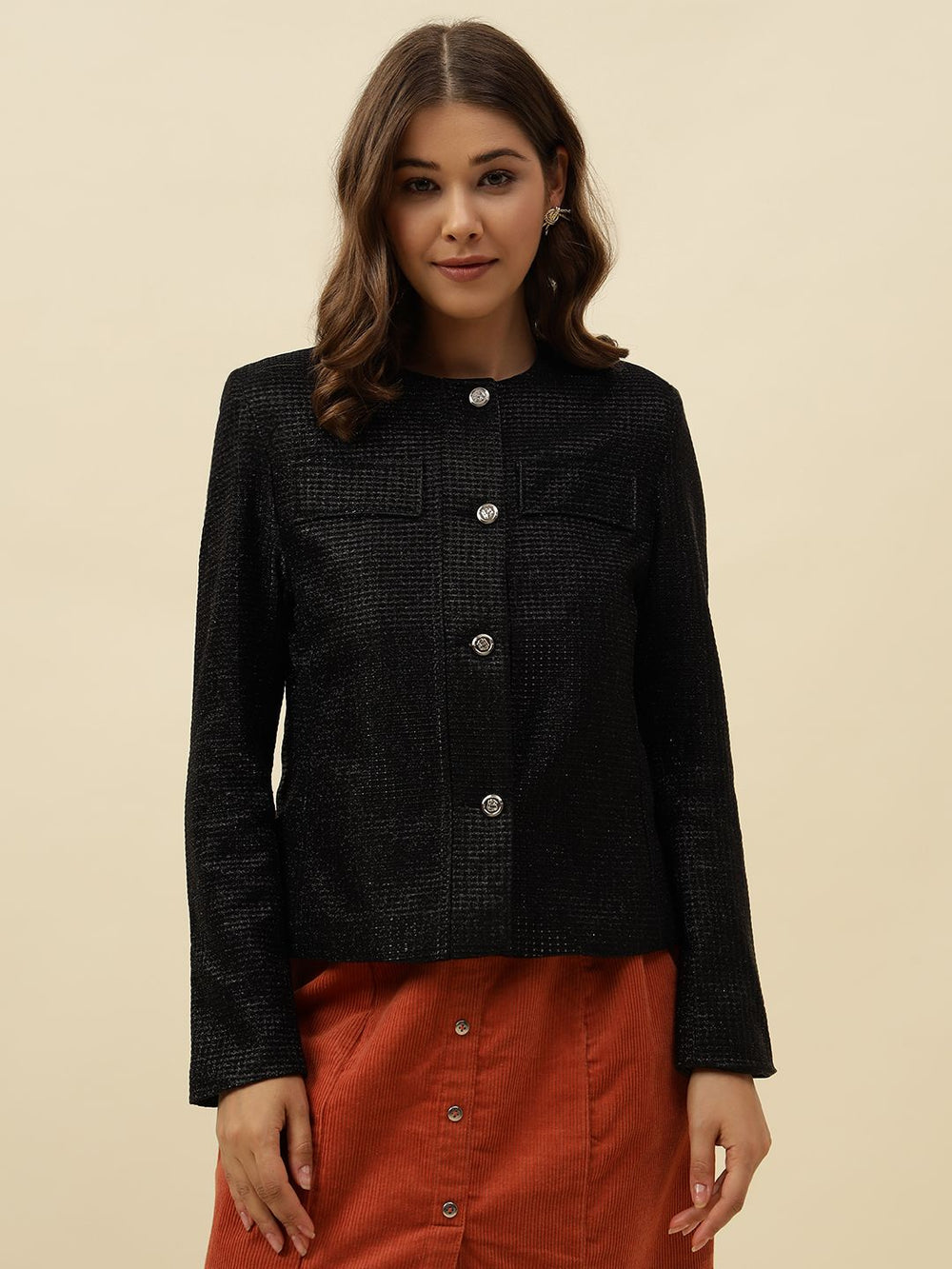 Front Open Collar Less Black Full Sleeve Jacket Beatnik