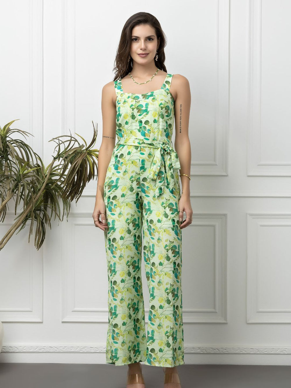Beatnik Green Casual Wear Wide Leg Sleeveless Jumpsuit Beatnik India