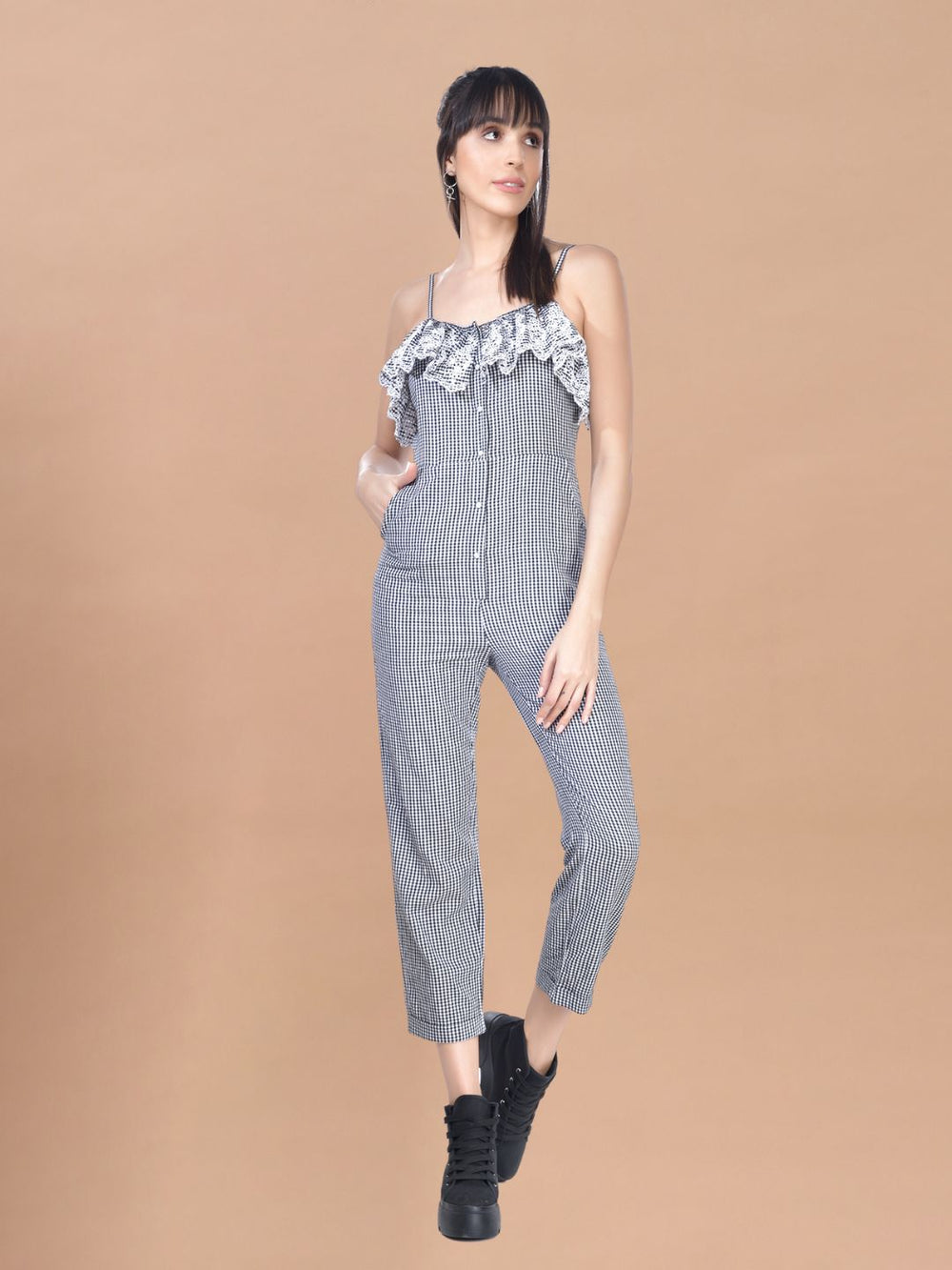 Beatnik Cotton Blend Square Neck Black Women Jumpsuits