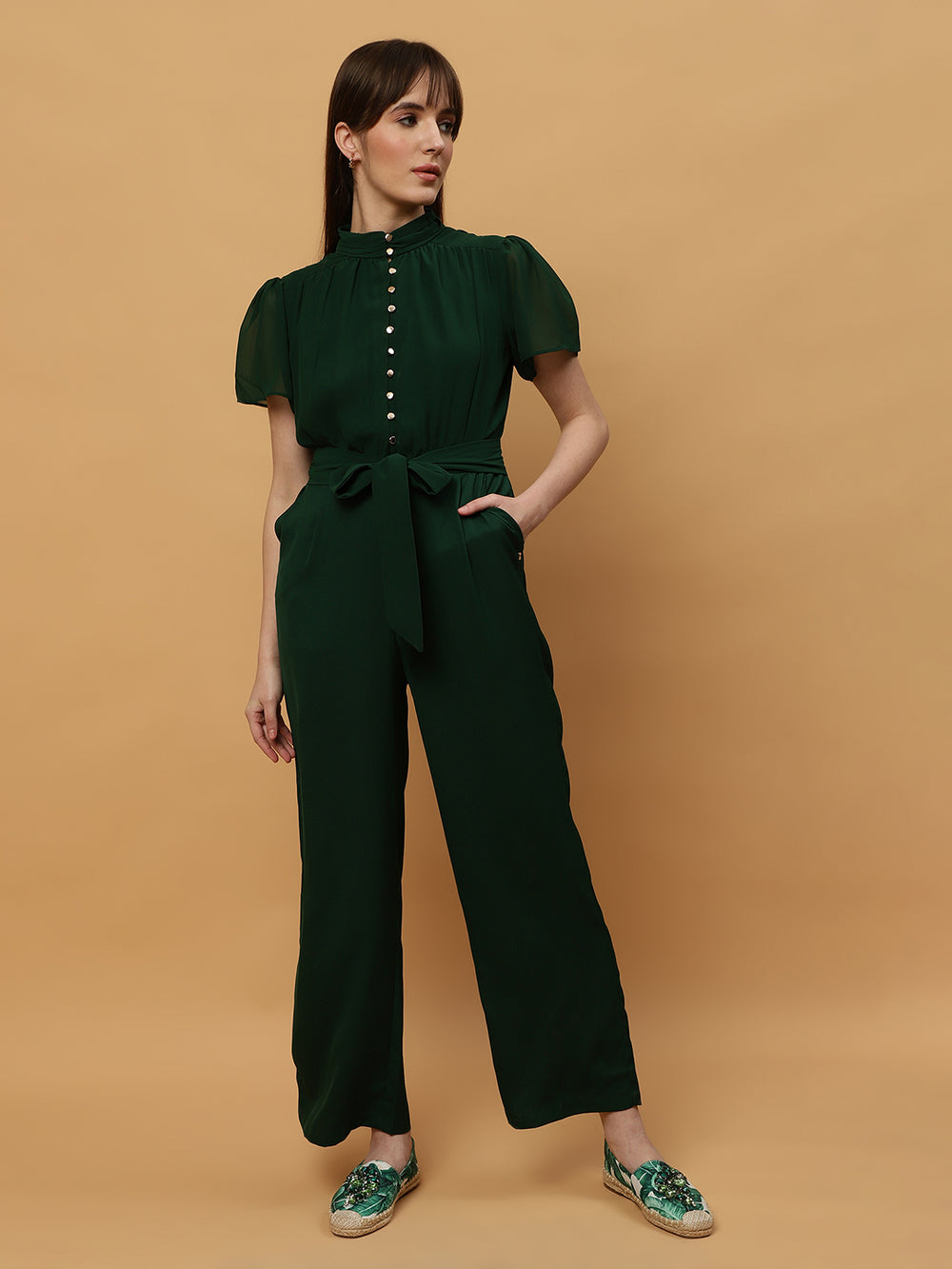 Beatnik Straight Ankle-length Self Dark Green Women Jumpsuits Beatnik India