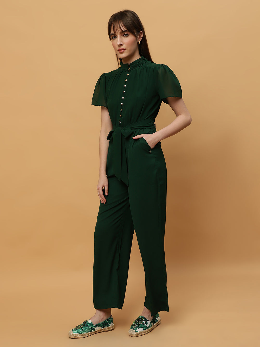 Beatnik Straight Ankle-length Self Dark Green Women Jumpsuits Beatnik India