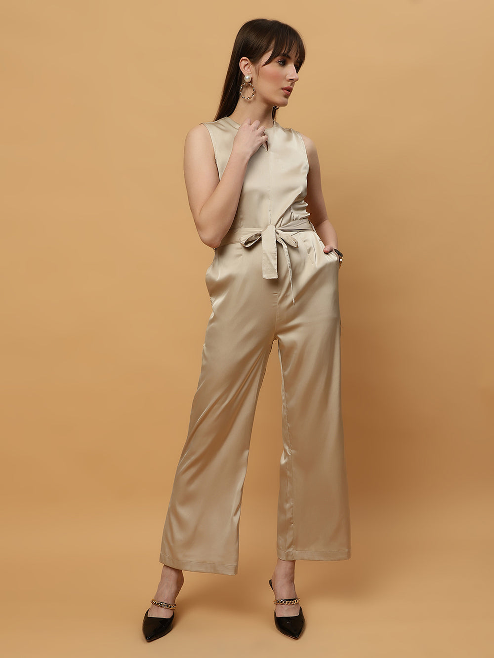 Champagne Round Neck Poly Satin Maxi Jumpsuit