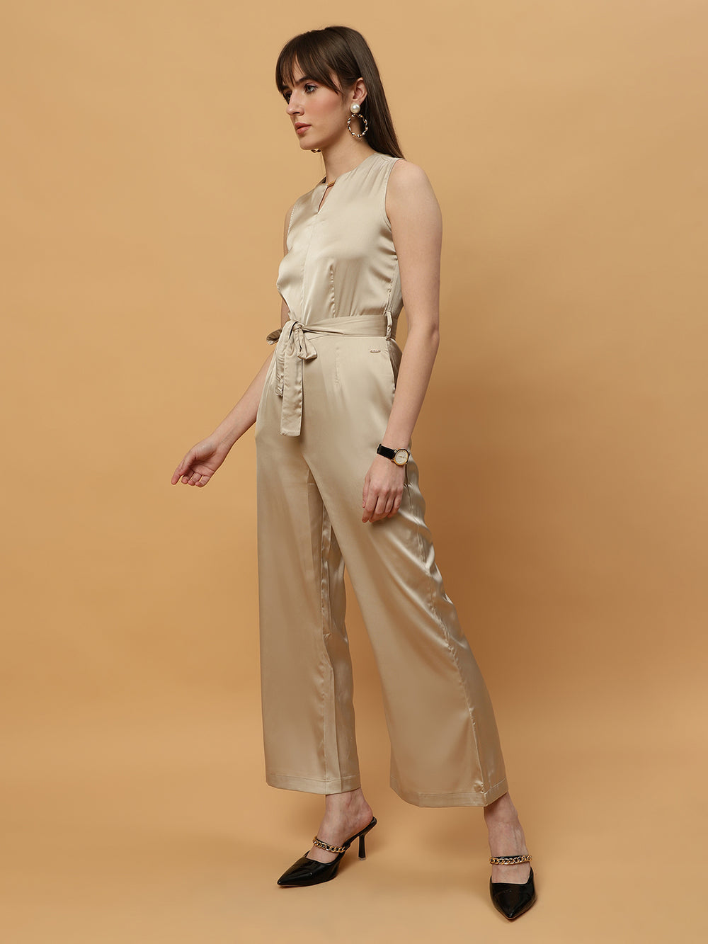 Champagne Gold Round Neck Poly Satin Jumpsuit