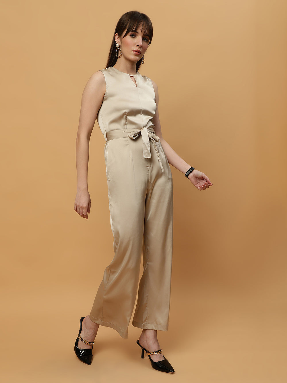 Champagne Gold Round Neck Maxi Jumpsuit