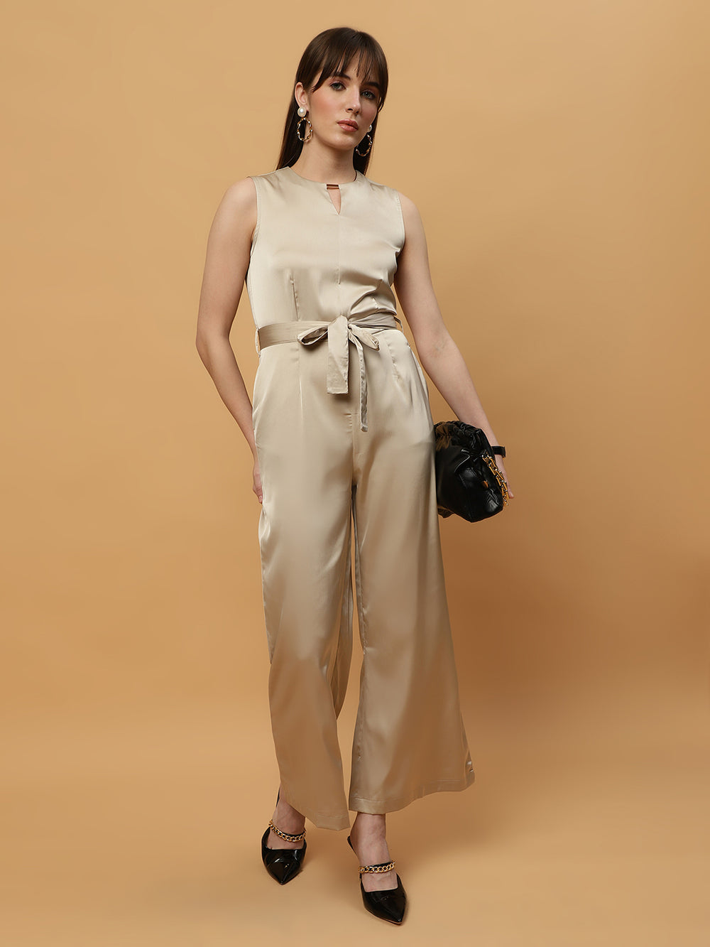 Champagne Gold Round Neck Poly Satin Maxi Jumpsuit