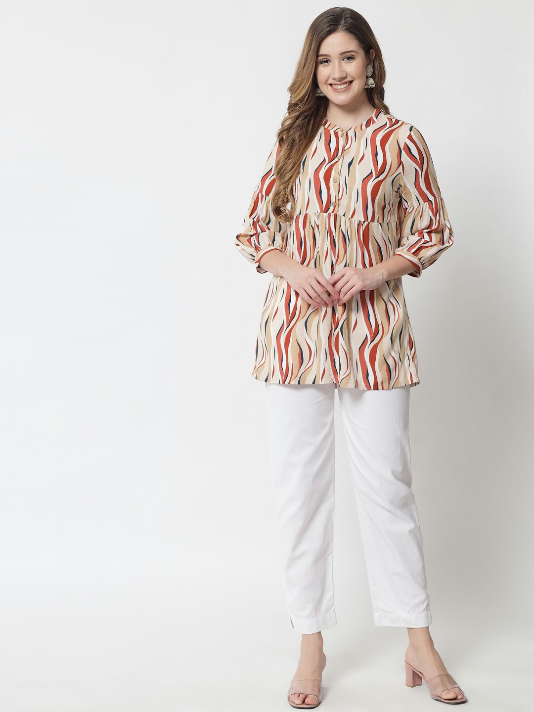 Beatnik Printed Casual Wear 3/4th Sleeve Mandarin Collar Flared Beige Tunic Beatnik India