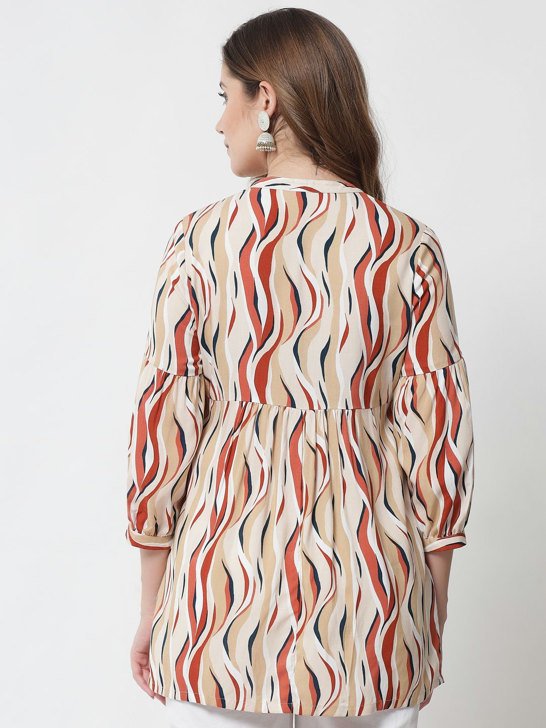 Beatnik Printed Casual Wear 3/4th Sleeve Mandarin Collar Flared Beige Tunic Beatnik India