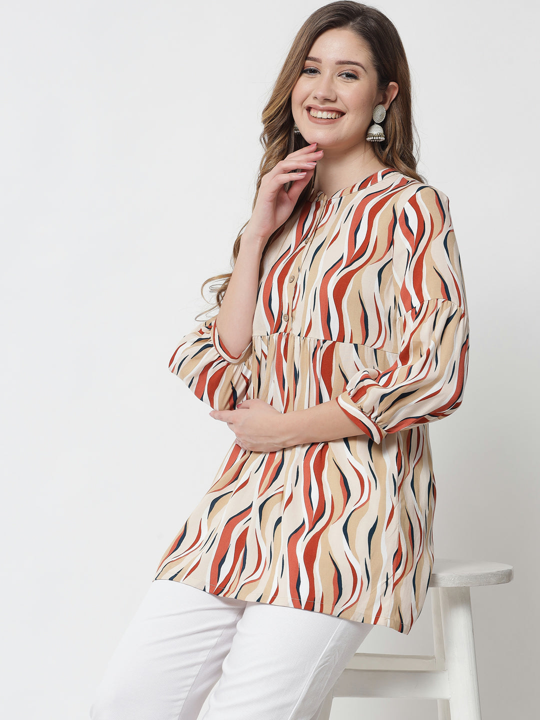Beatnik Printed Casual Wear 3/4th Sleeve Mandarin Collar Flared Beige Tunic Beatnik India