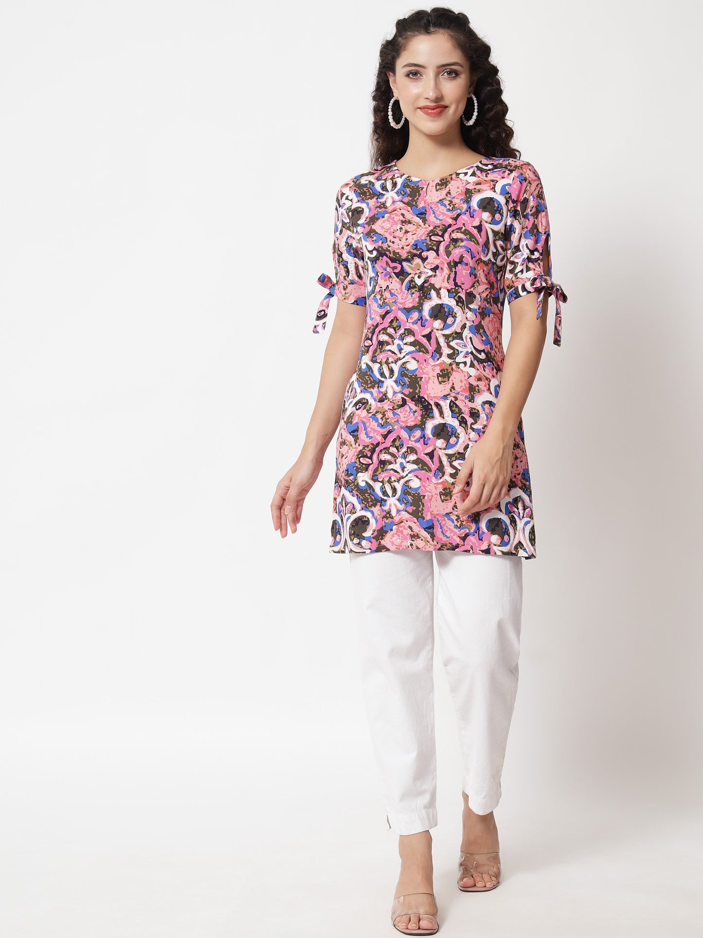 Beatnik Printed Casual Wear Blue 3/4th Sleeve Short Tunic Beatnik India
