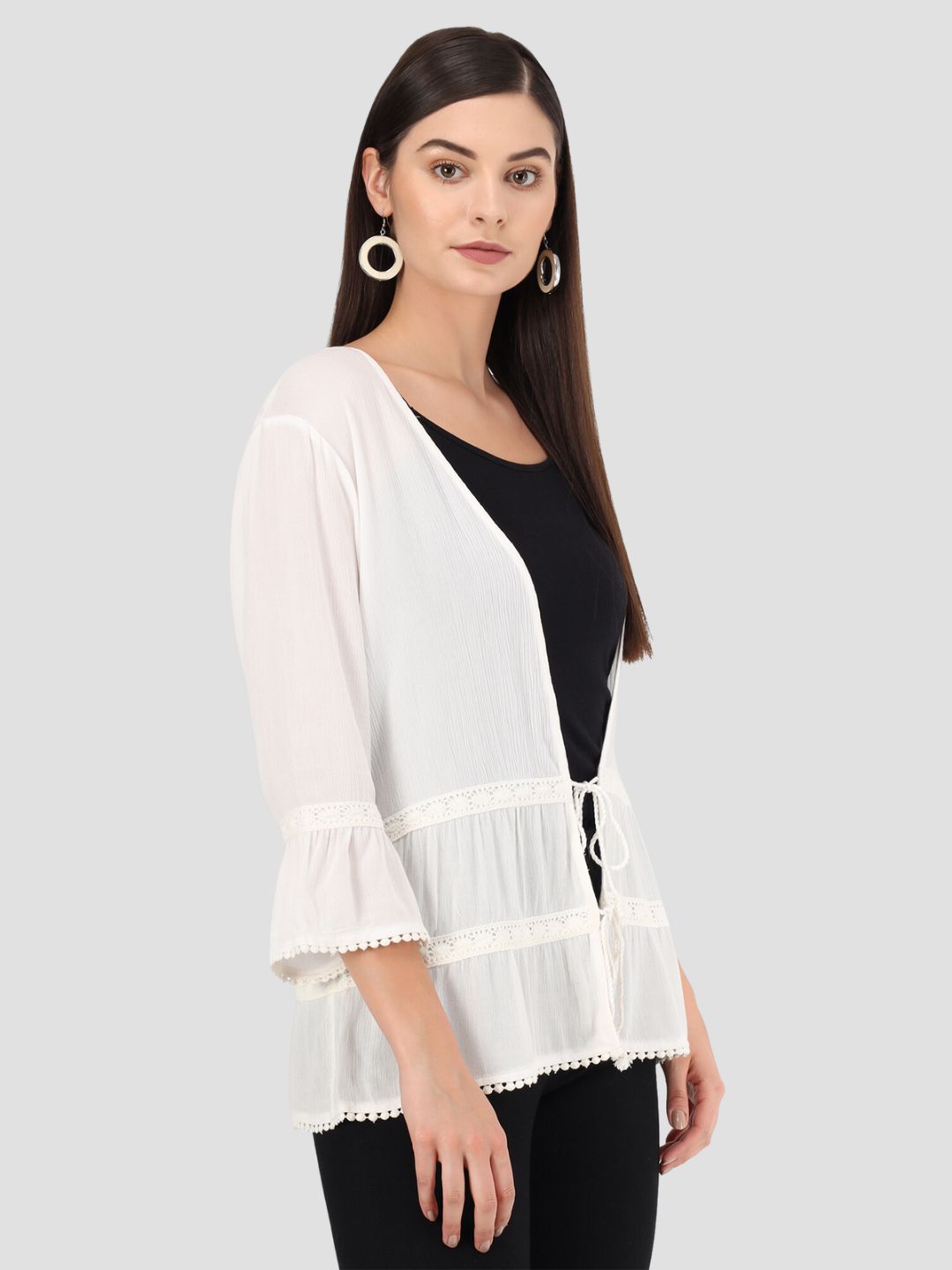 Beatnik Solid Casual Wear 3/4th Sleeve White Long Shrugs Beatnik India