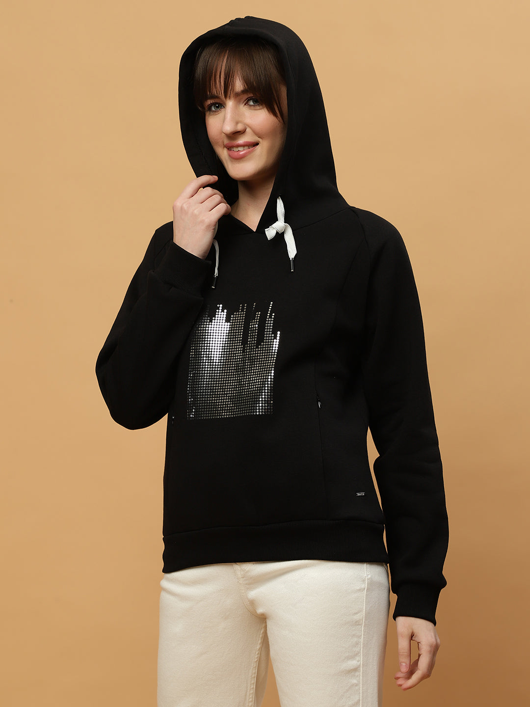 Beatnik Casual Wear V Neck Full Sleeve Hooded Black Sweatshirts Beatnik India