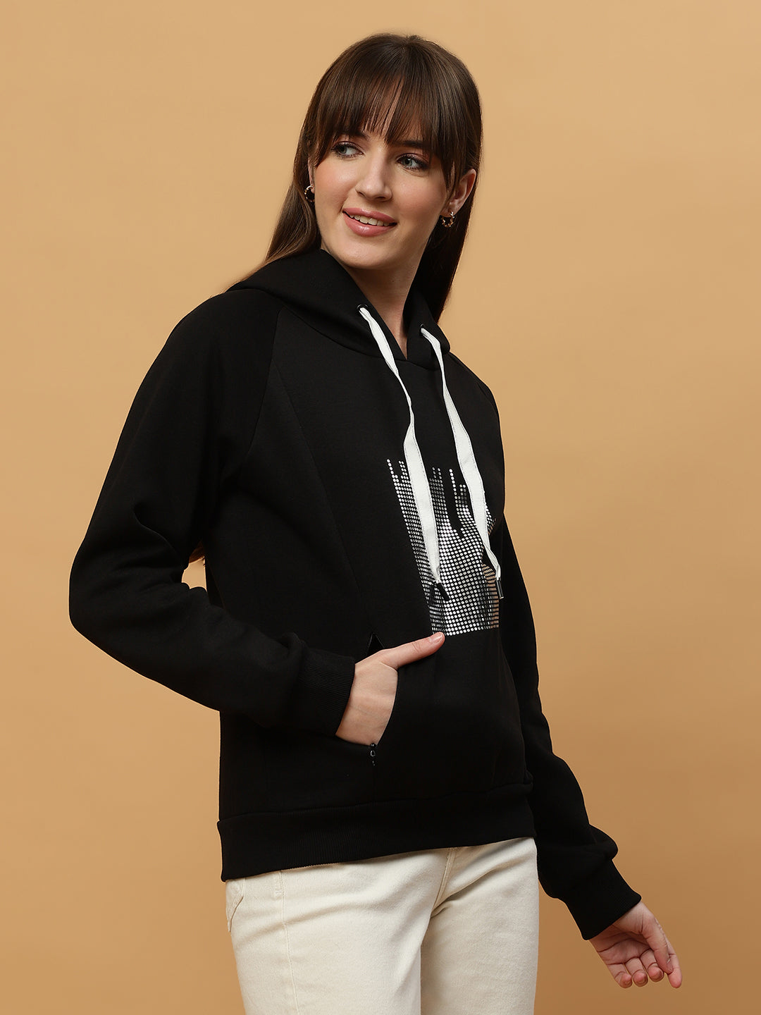 Beatnik Casual Wear V Neck Full Sleeve Hooded Black Sweatshirts Beatnik India