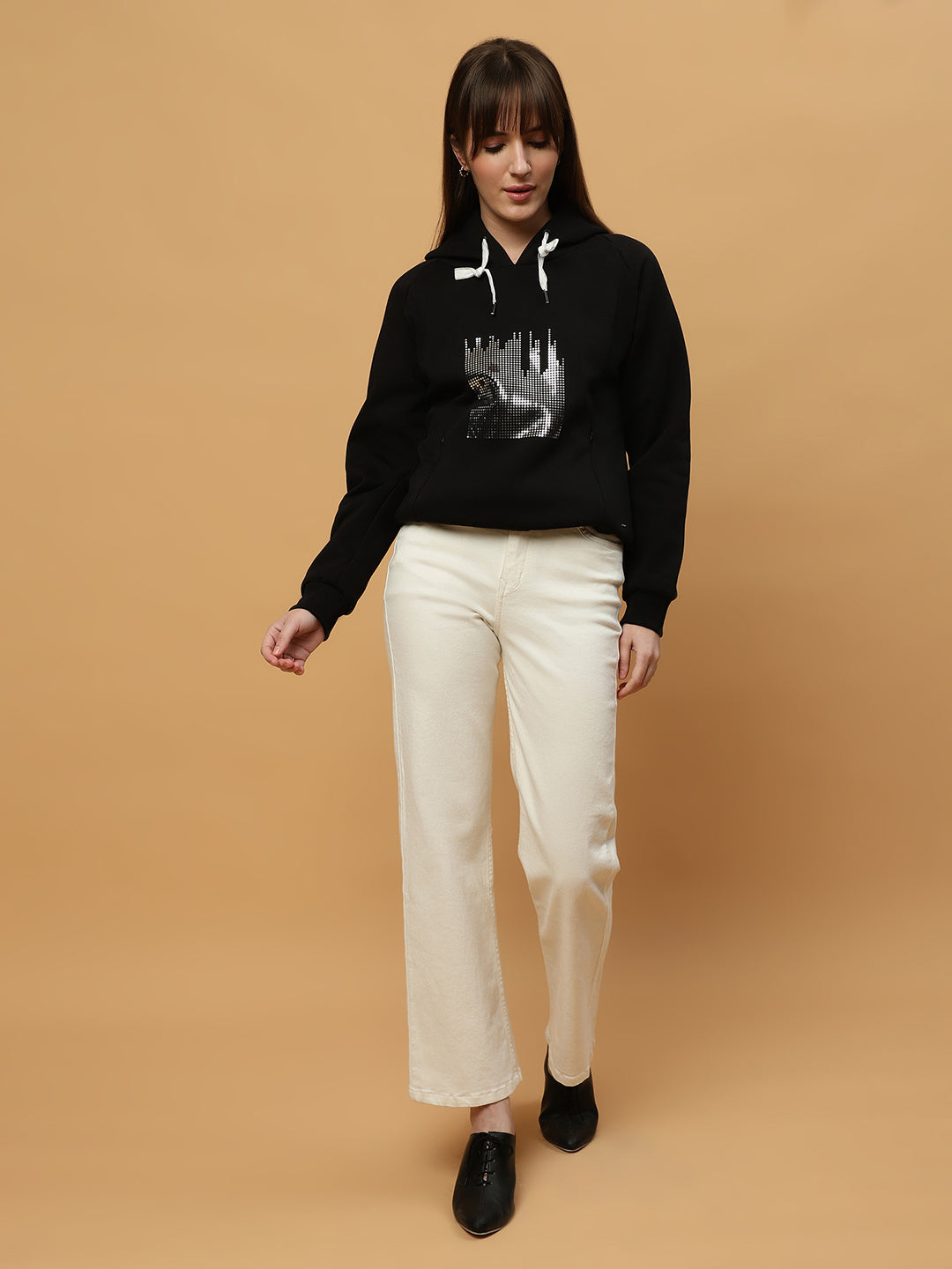 Beatnik Casual Wear V Neck Full Sleeve Hooded Black Sweatshirts Beatnik India