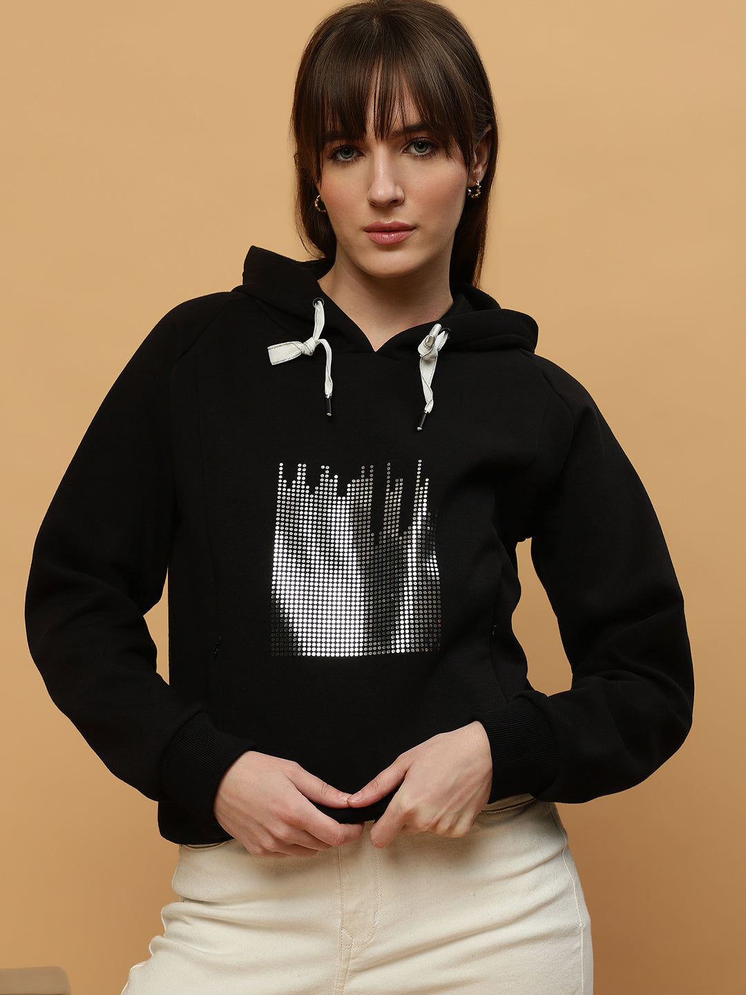 Beatnik Casual Wear V Neck Full Sleeve Hooded Black Sweatshirts Beatnik India