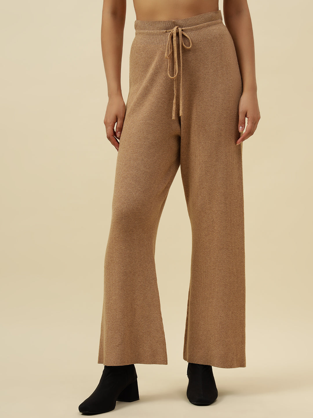 High-Rise Drawstring Ribbed Stretchable Winter Khaki Treggings Beatnik