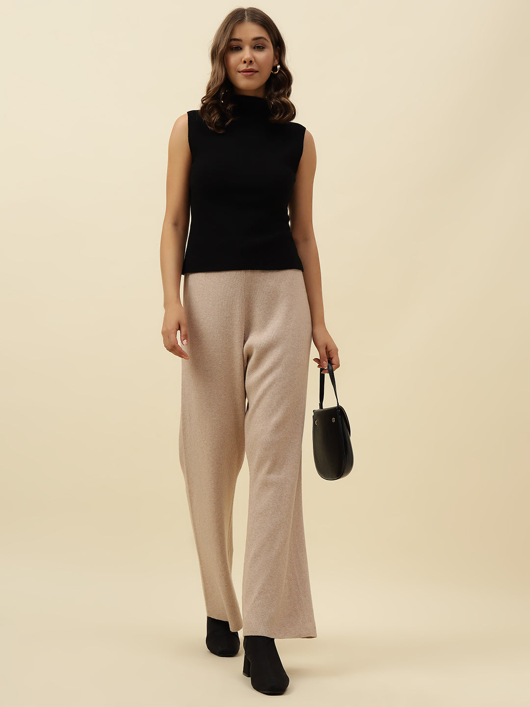 High-Rise Drawstring Ribbed Stretchable Winter Off White Treggings