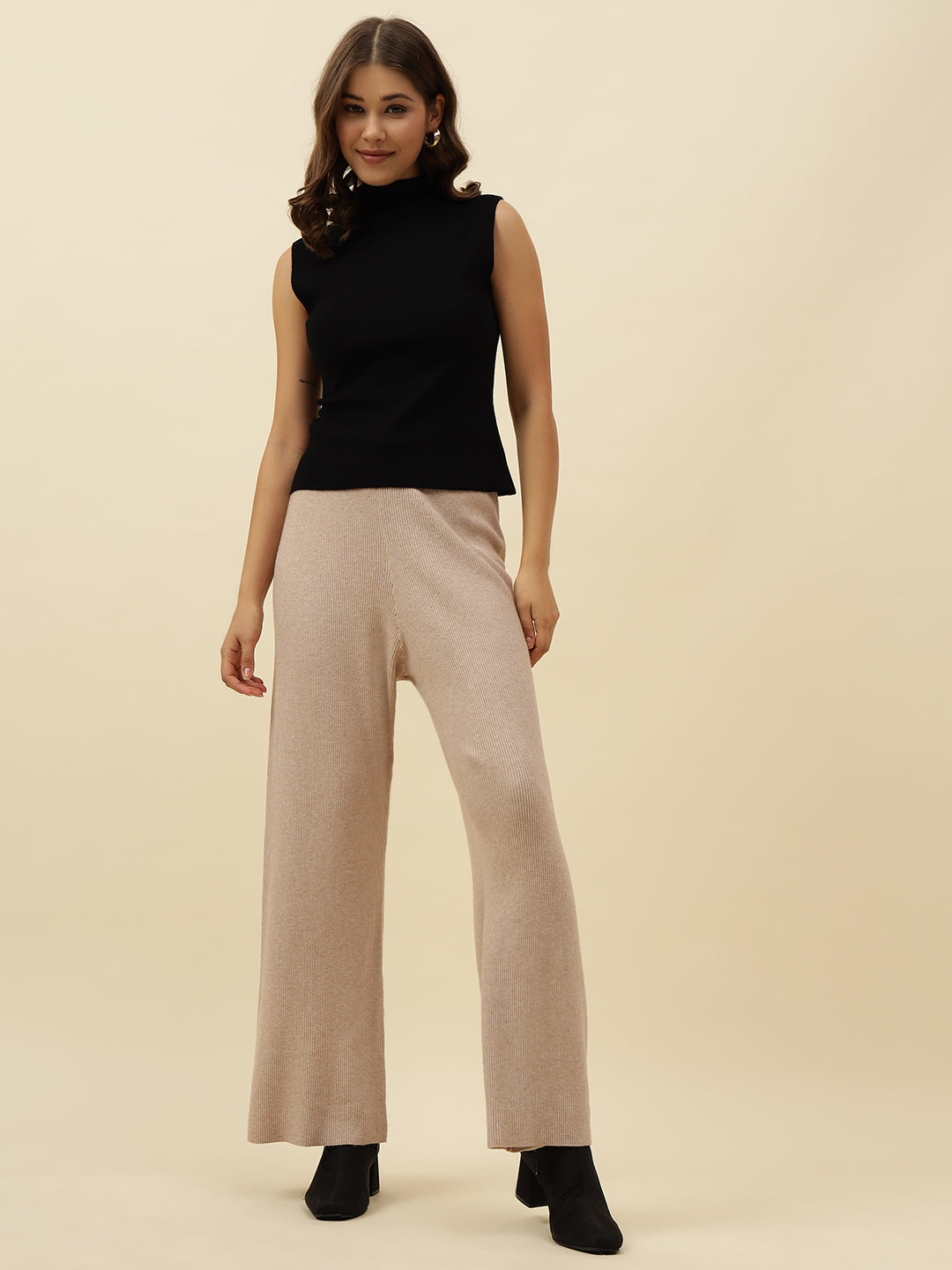 High-Rise Drawstring Ribbed Stretchable Winter Off White Treggings