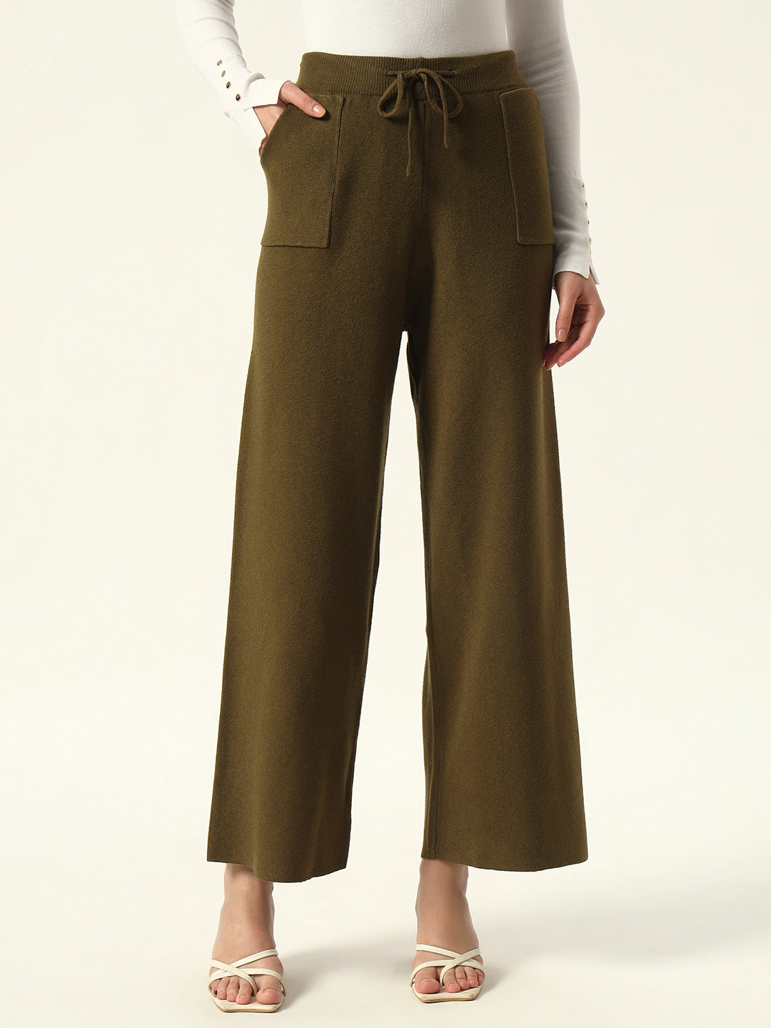 Cozy High-Rise Winter Olive Green Treggings with Pockets