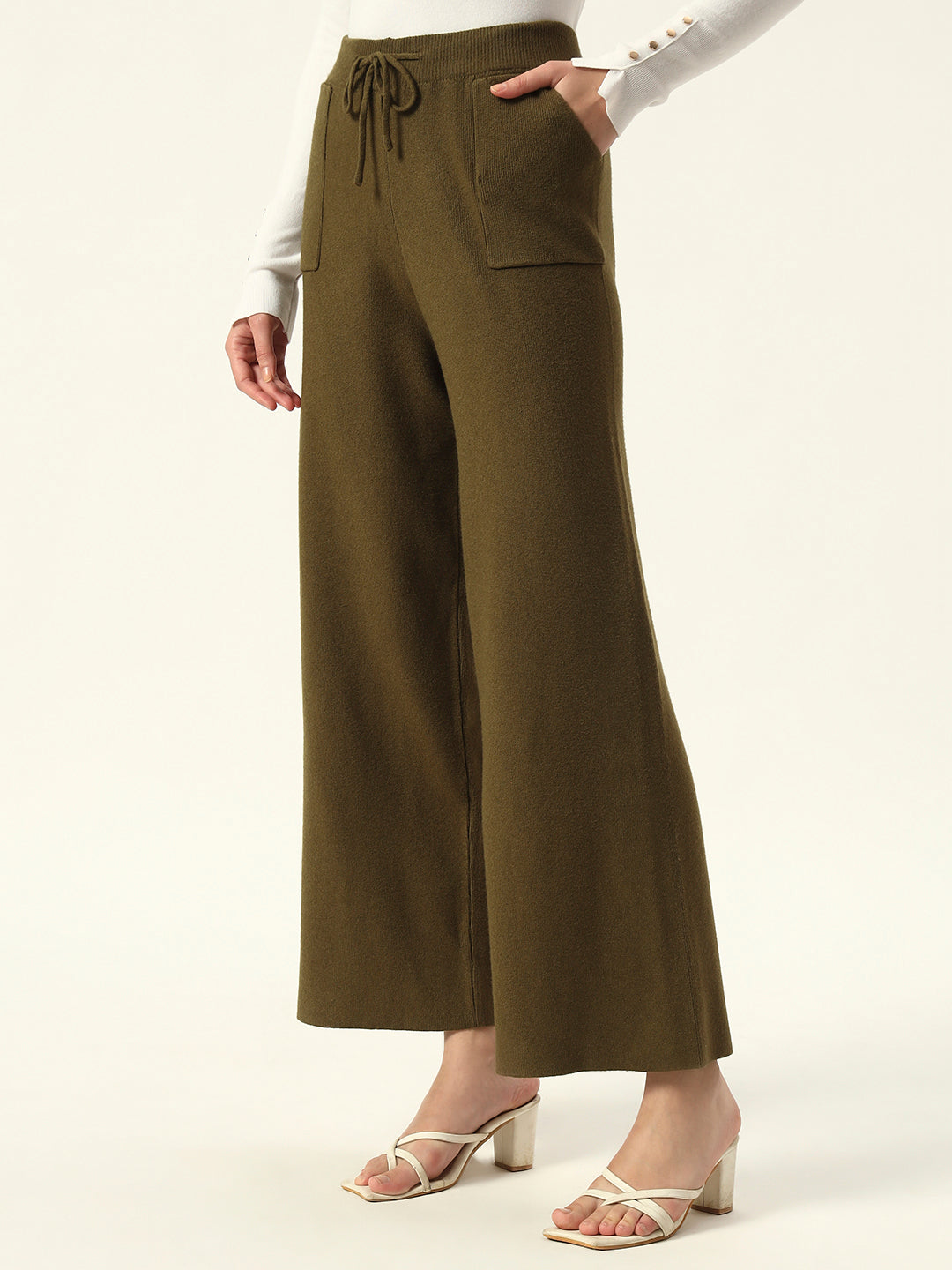Cozy High-Rise Winter Olive Green Treggings with Pockets