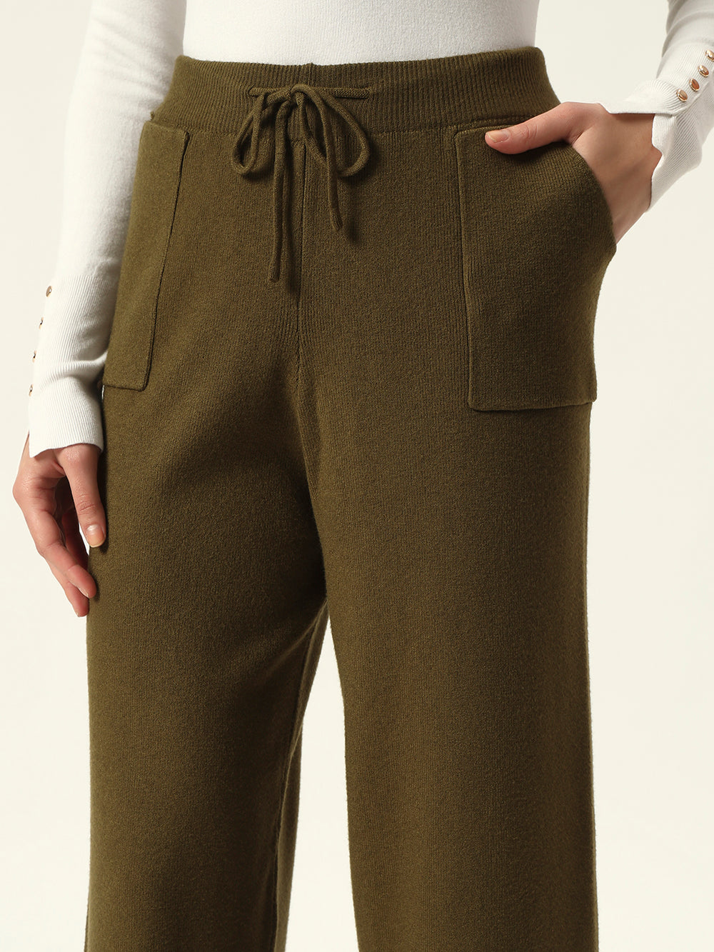 Cozy High-Rise Winter Olive Green Treggings with Pockets