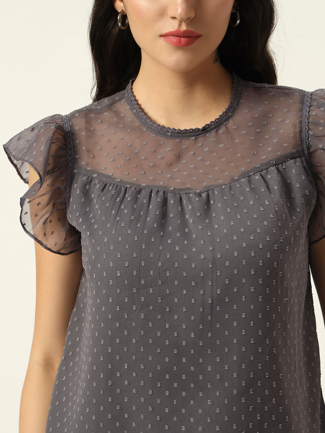 Beatnik Grey Dobby with Ruffled Sleeves Top