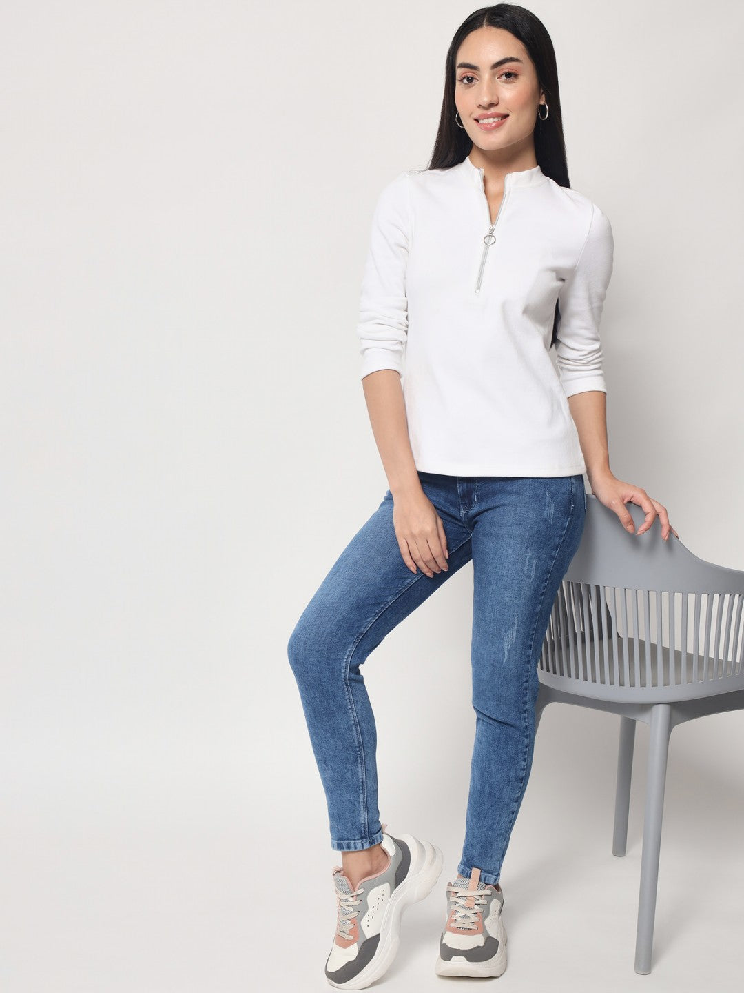 Light Winter Casual Wear White A-Line Zip Neck Top Beatnik India