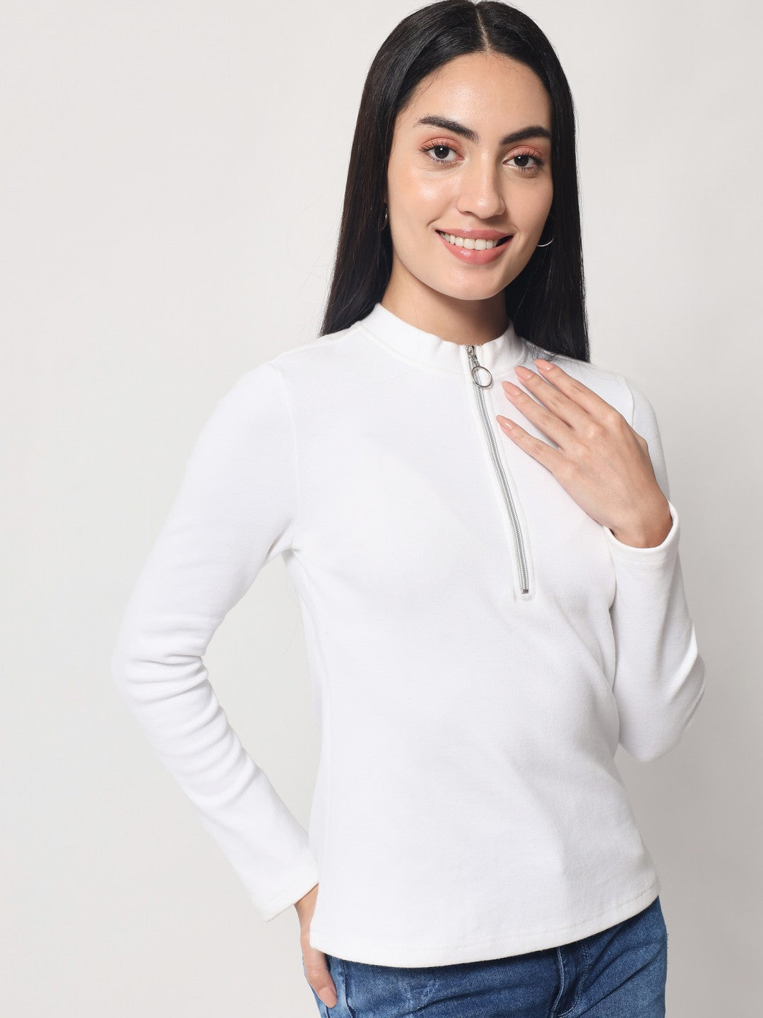 Light Winter Casual Wear White A-Line Zip Neck Top Beatnik India