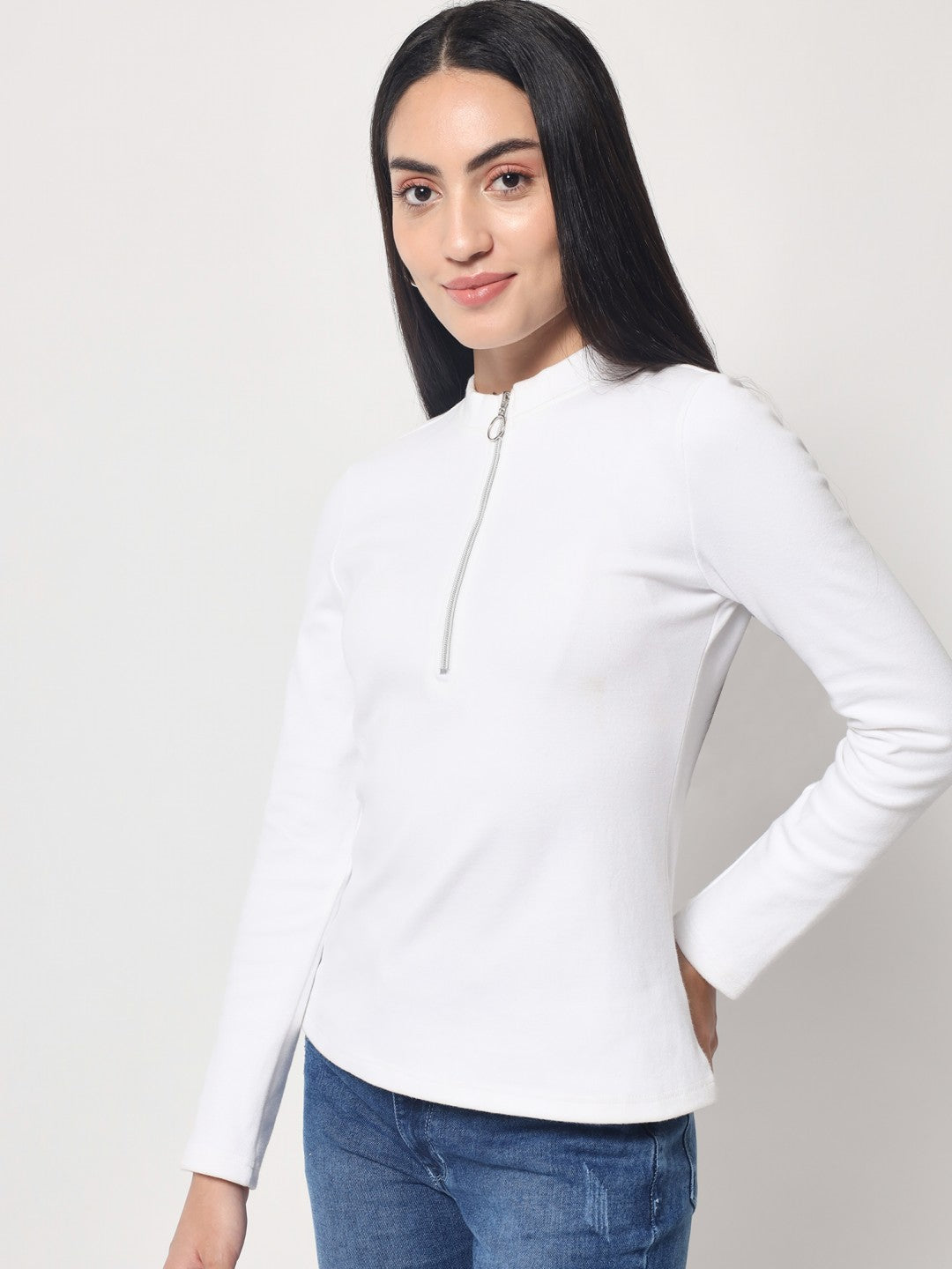 Light Winter Casual Wear White A-Line Zip Neck Top Beatnik India