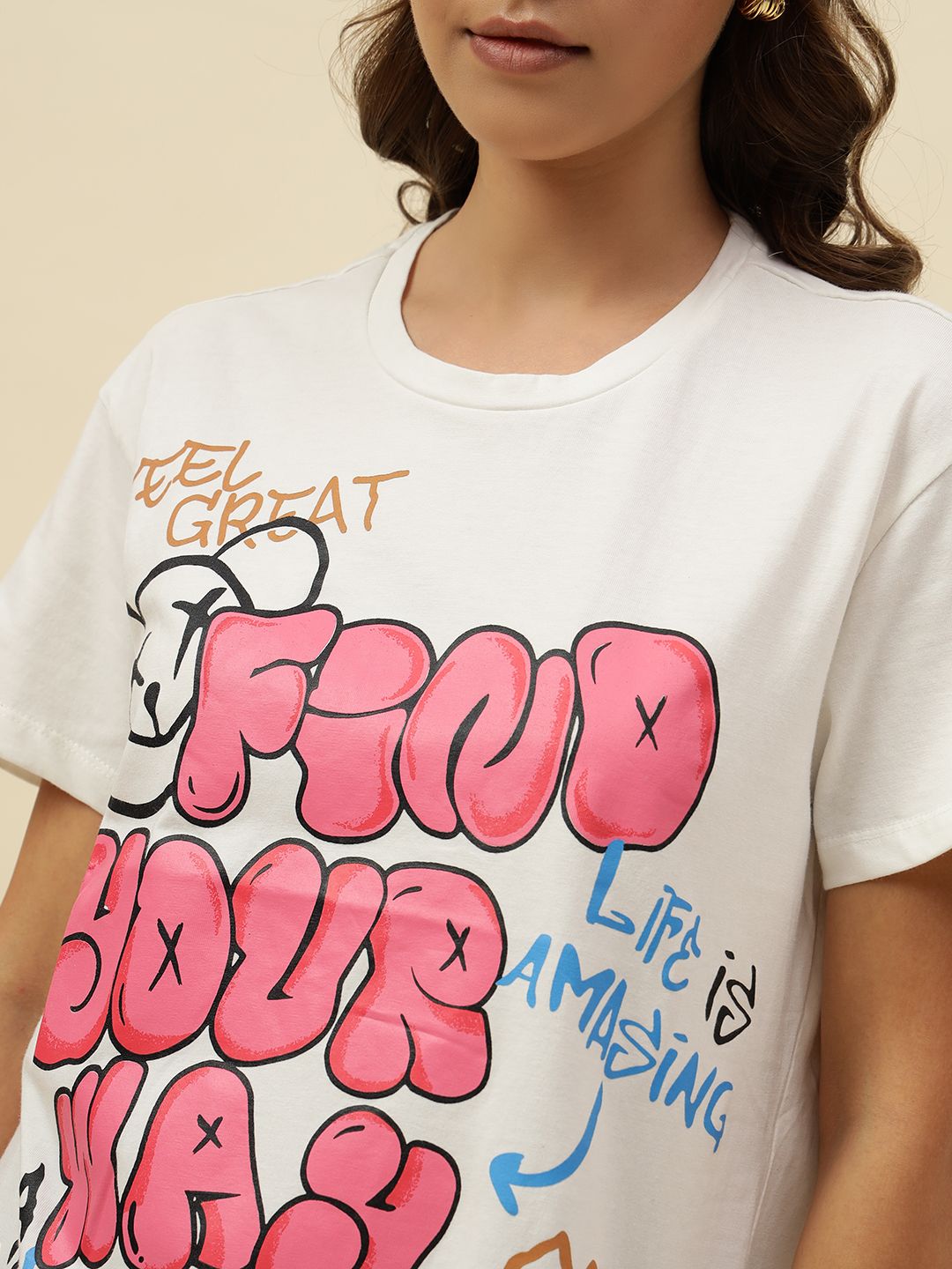 Typography Short Sleeve Off White T-Shirt Beatnik
