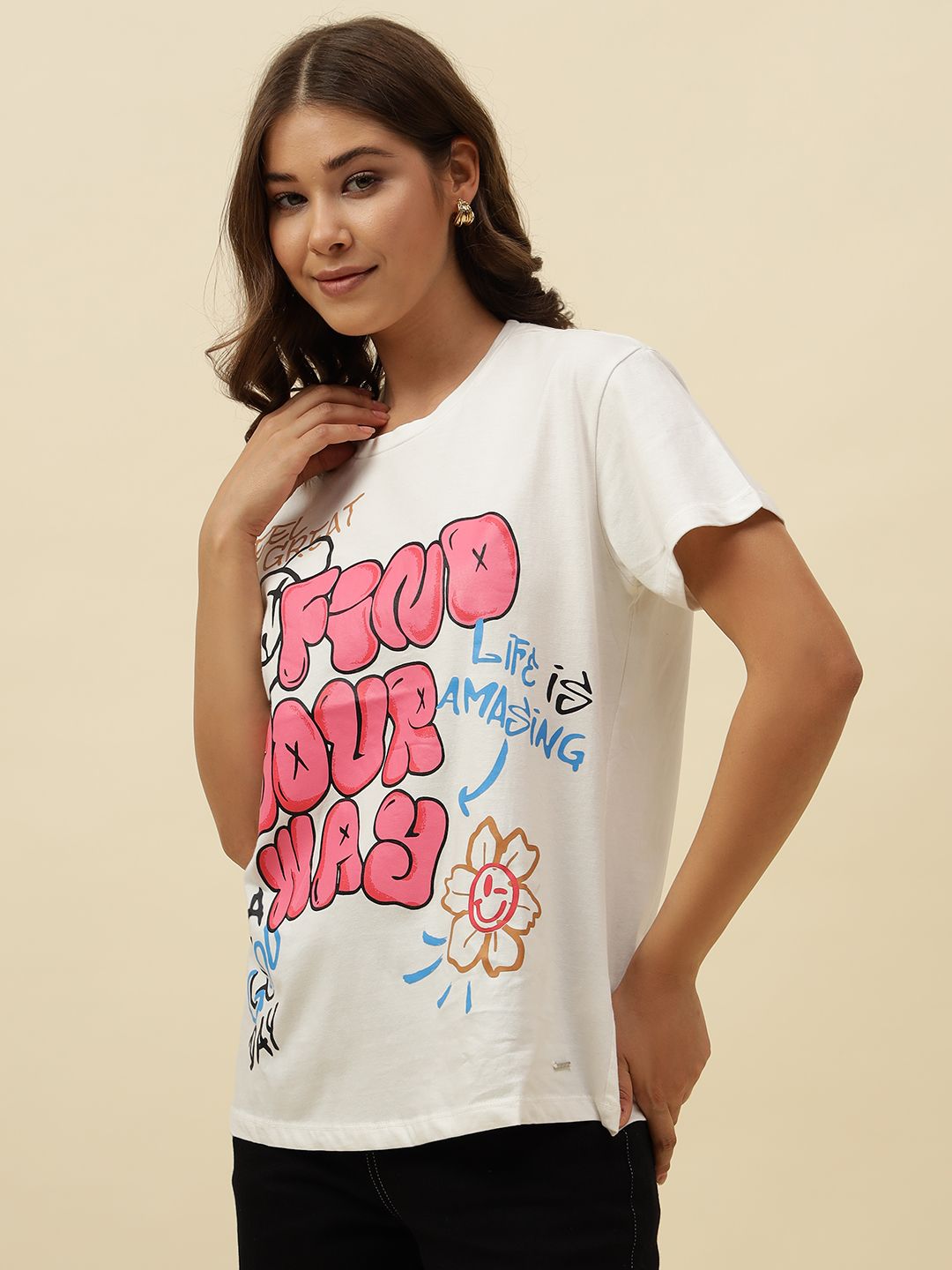 Typography Short Sleeve Off White T-Shirt Beatnik