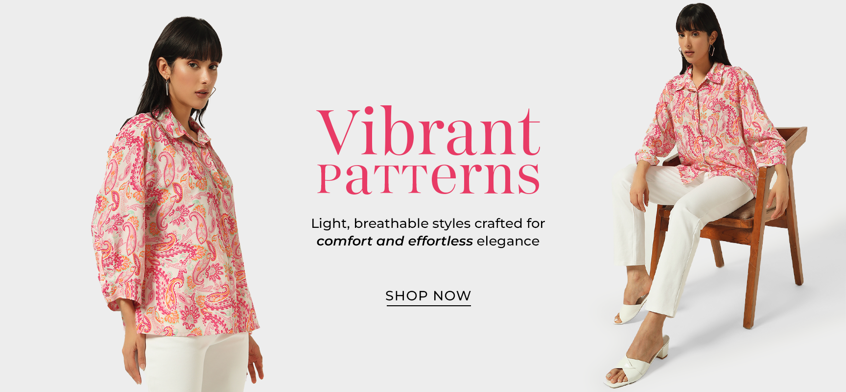 Two women wearing pink floral shirts with text about vibrant patterns on a white background